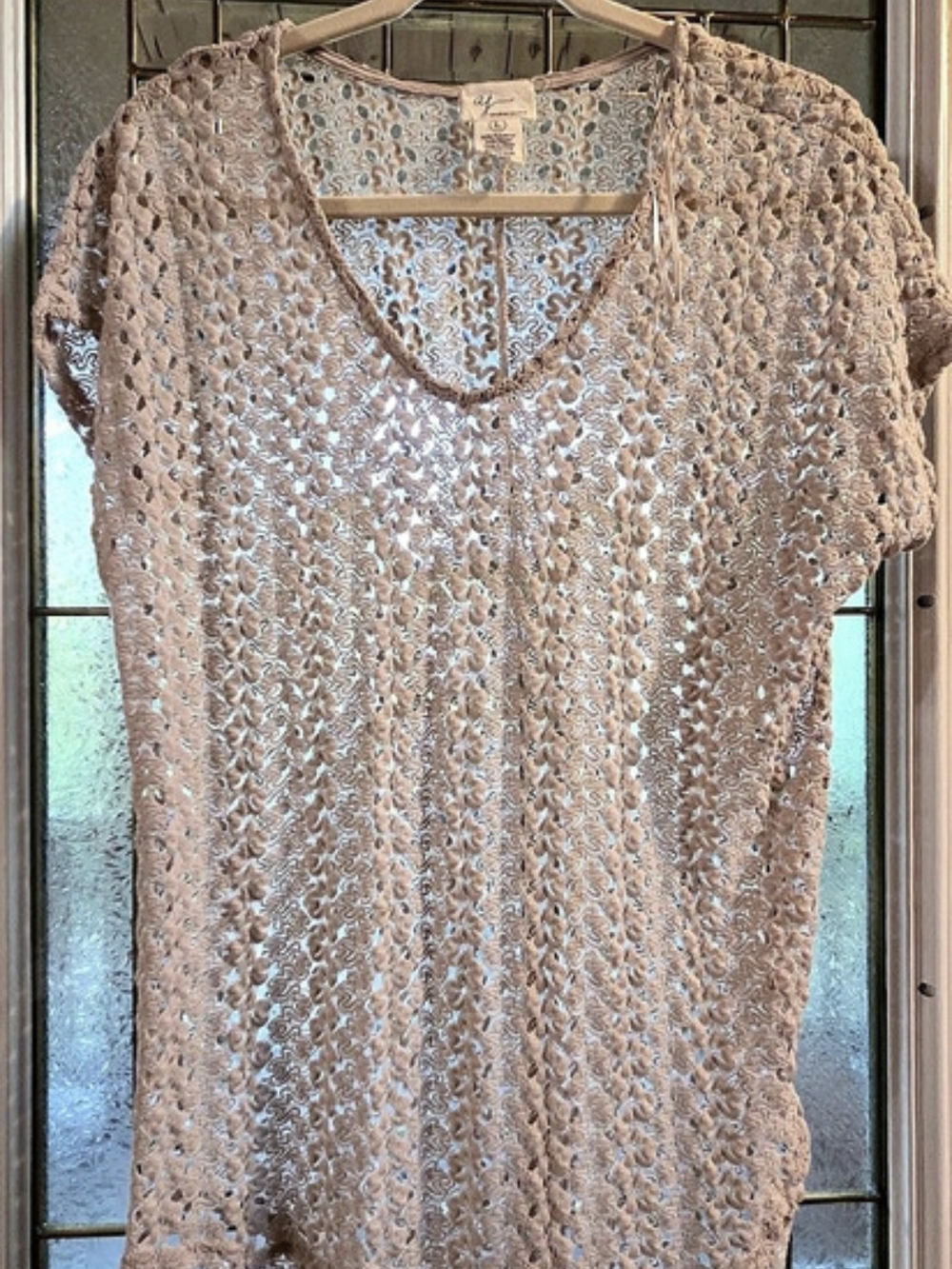 Andrea Jovine Elegant Lace Short Sleeve Top in Tan